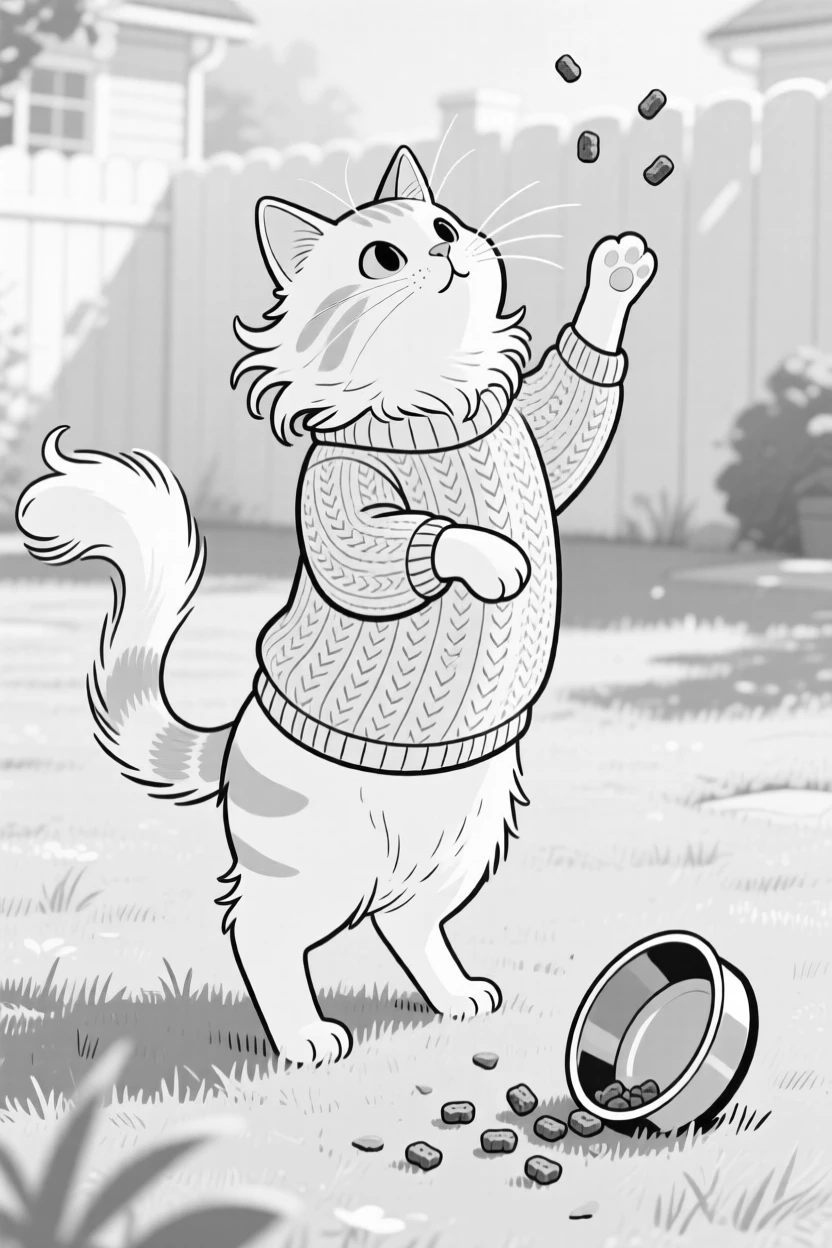 A dignified cat wearing a tiny knitted sweater, rearing up with mane flying in slow motion, set on a sunny backyard lawn. A food bowl sits tipped over and empty. There's something deeply endearing about the little chaos.
