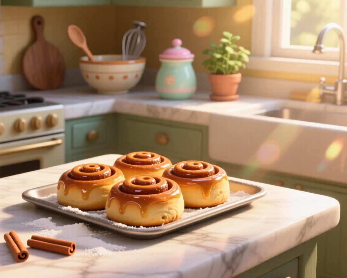 A tray of glazed cinnamon rolls sits on a marble kitchen counter dusted with flour, with sunlight catching the glossy glaze. A cheerful, mouthwatering warmth surrounds the dish.