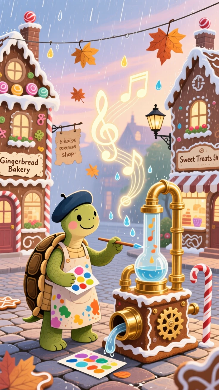 A turtle who paints postcards delights in inventing a machine that turns raindrops into music, tucked within a town square made entirely of gingerbread, while little lanterns bob gently in the wind.