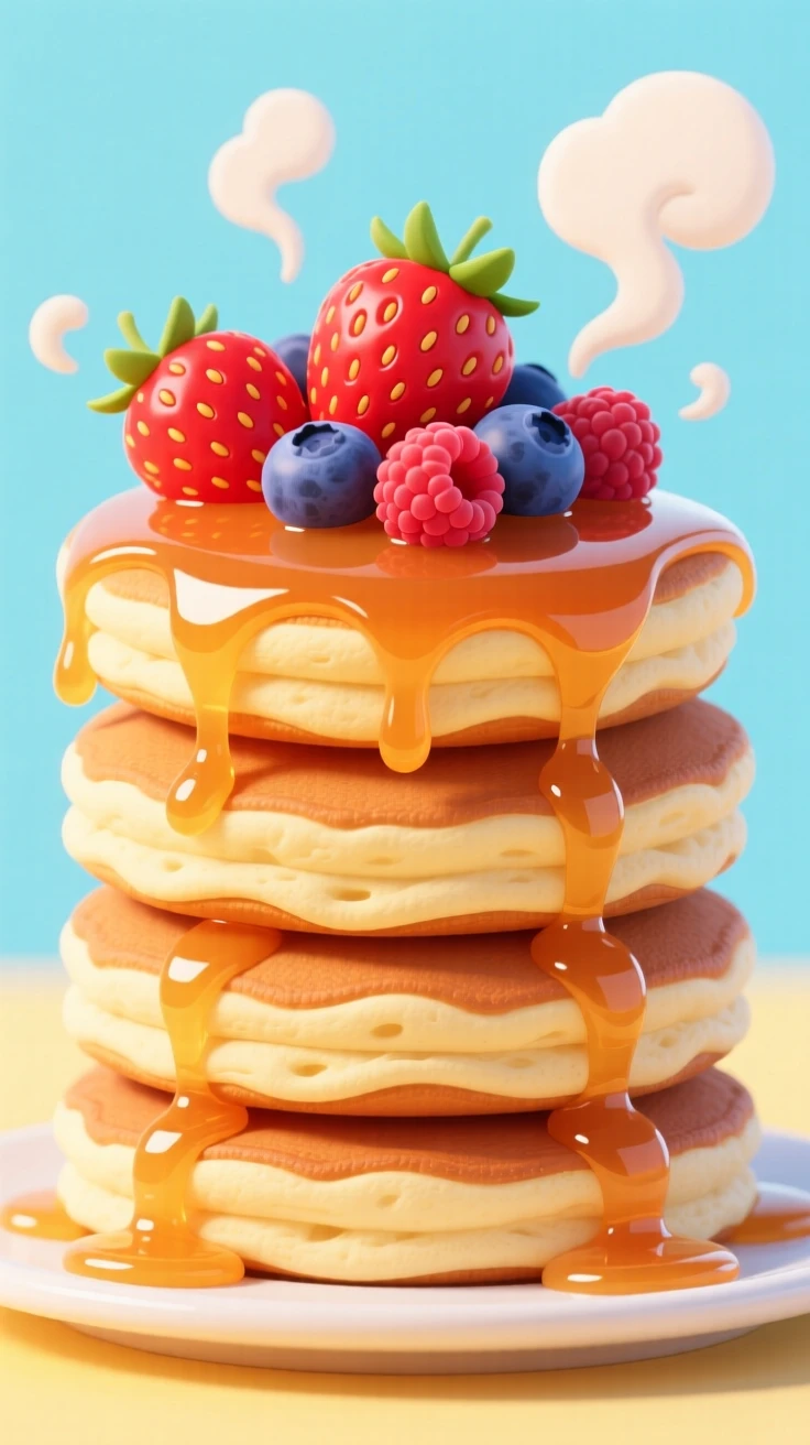 A stack of fluffy pancakes drizzled with syrup and fresh berries.