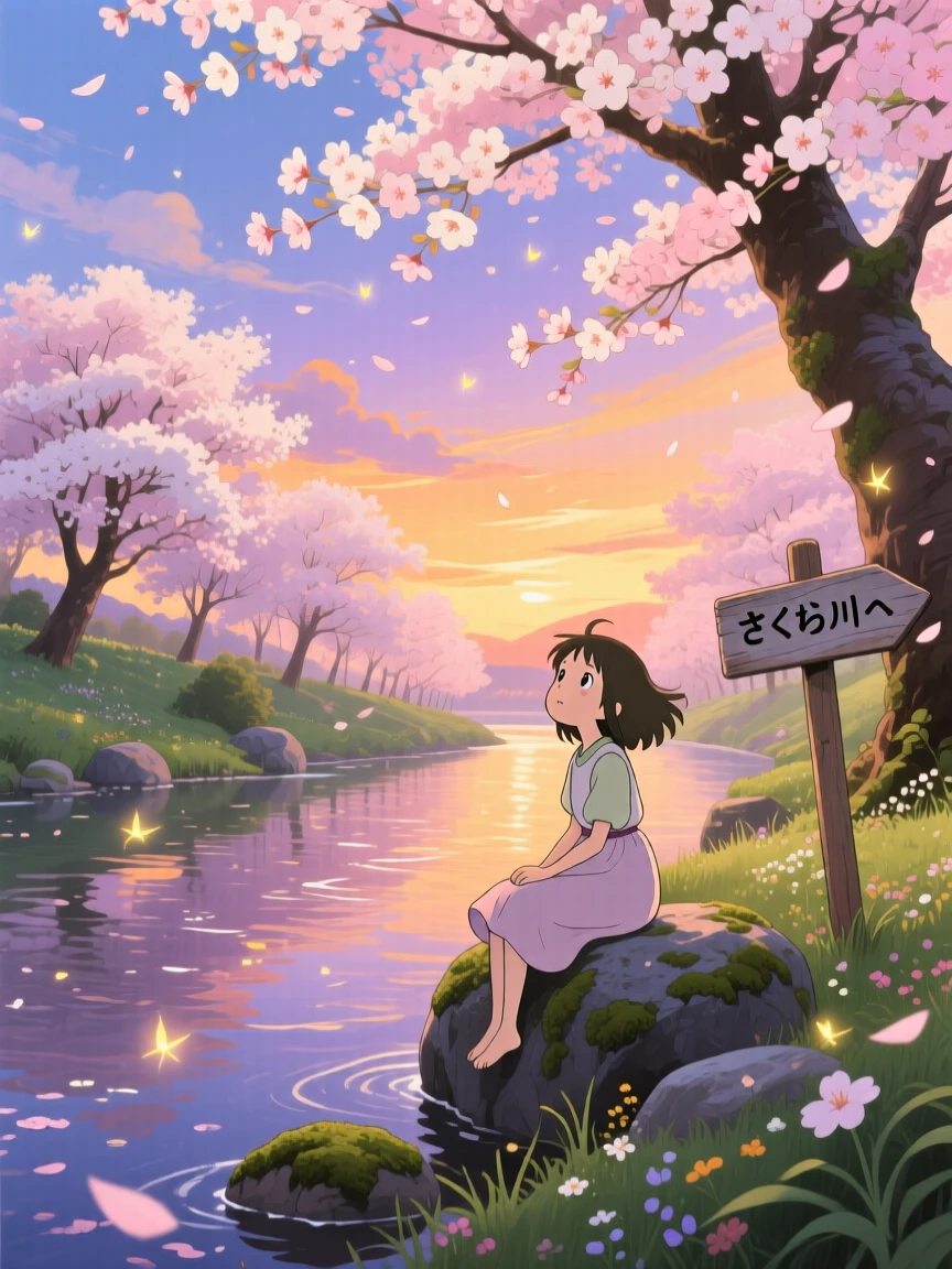 A breathtaking view of a cherry-blossom-lined riverbank, with the last light of day painting everything amber, at dusk, captured from a low angle looking up.