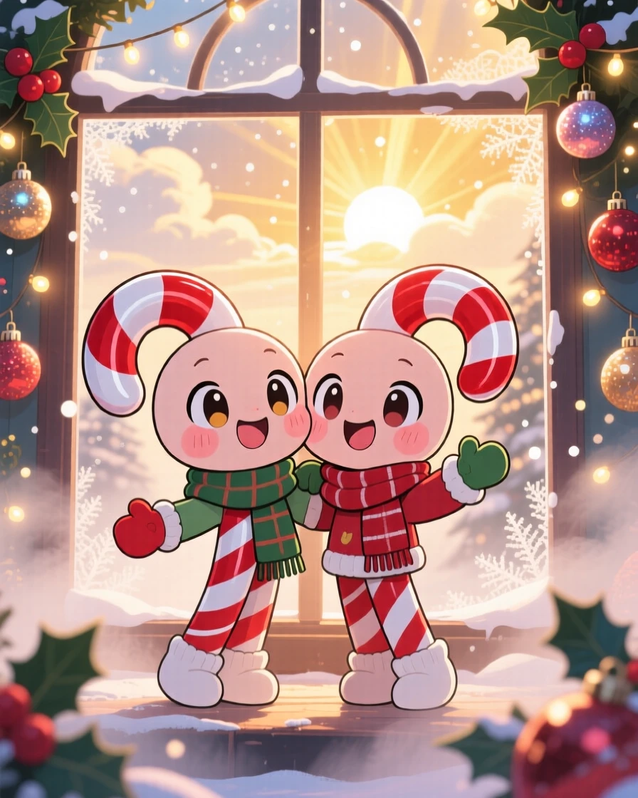 In a sparkling holiday window display, a giggling candy cane pair is leaning together like best friends on a misty foggy morning, bathed in rays of sunrise breaking through clouds, expression full of bubbly enthusiasm. Shot as a full-body shot.