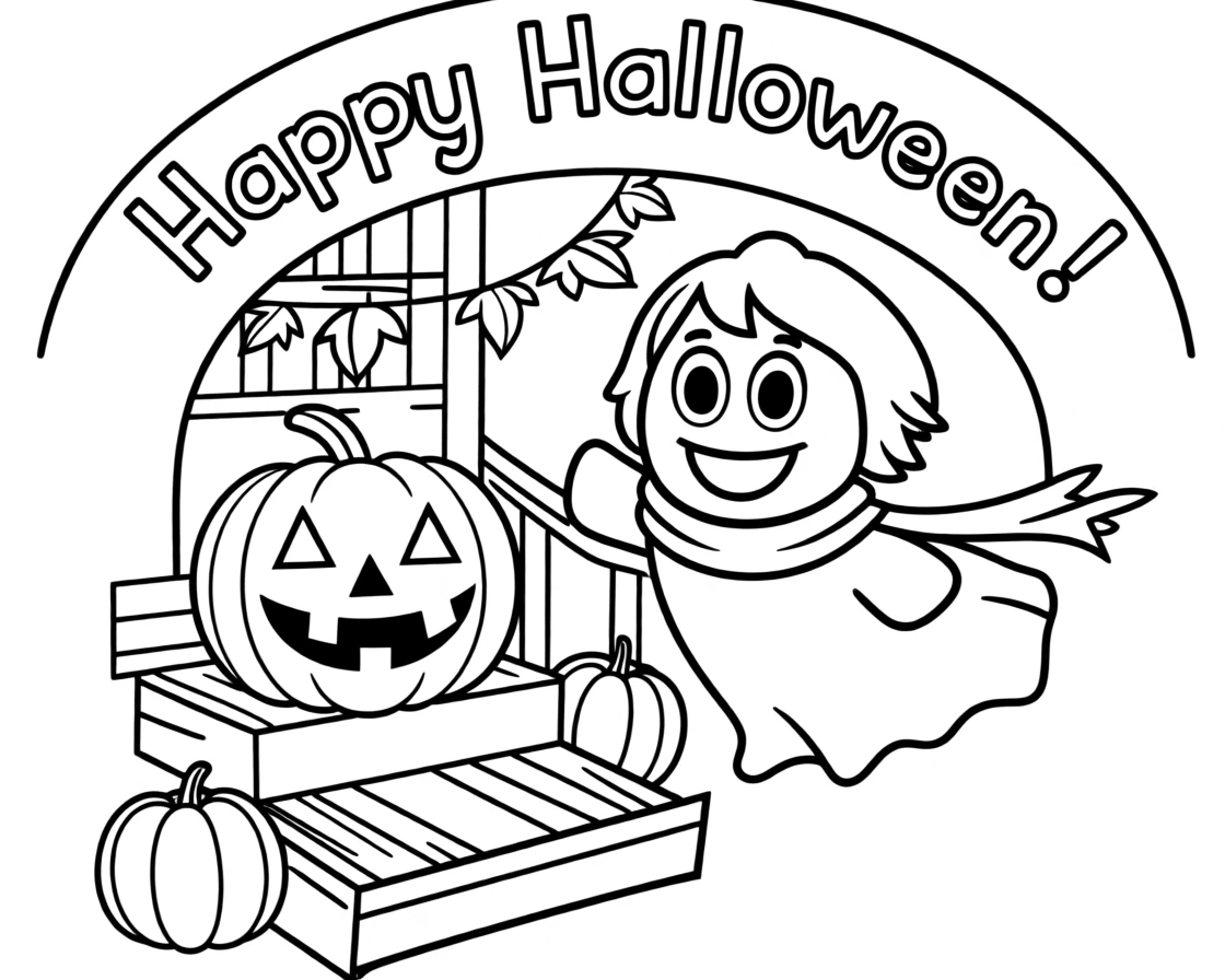 A friendly ghost and a smiling jack-o'-lantern on a porch