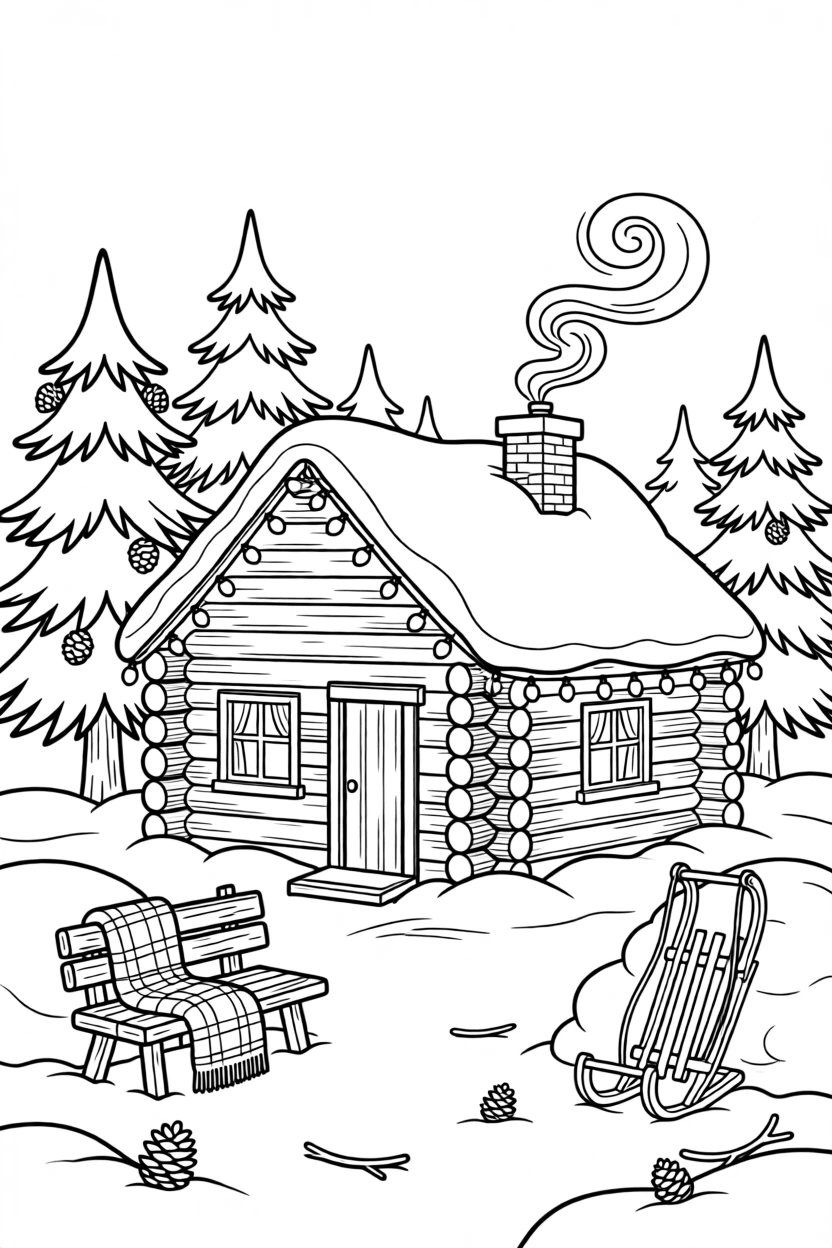 A snowy cabin with smoke curling from the chimney, with strings of lights framing the setting.