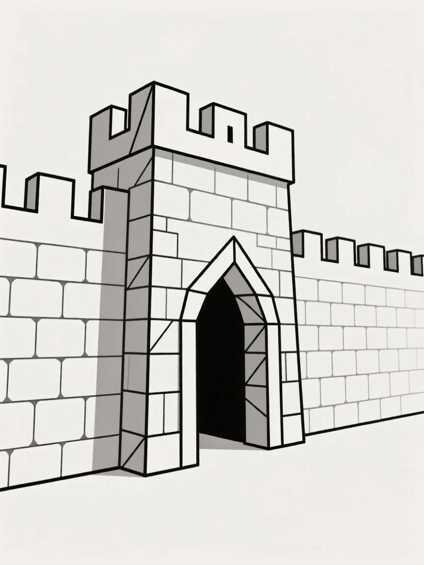 A fortified medieval town wall with stone battlements