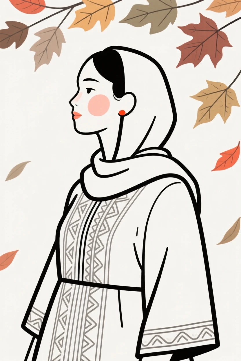 A working professional of Moroccan heritage wearing an Ethiopian habesha dress, gazing thoughtfully into the distance, under a canopy of autumn leaves.