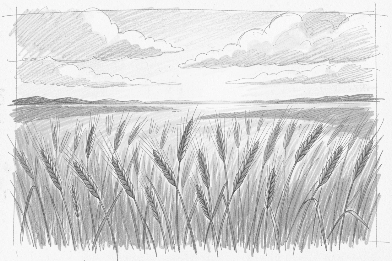 A golden wheat field at sunset, sparkling under crisp winter sunlight, with clouds casting slow-moving shadows.