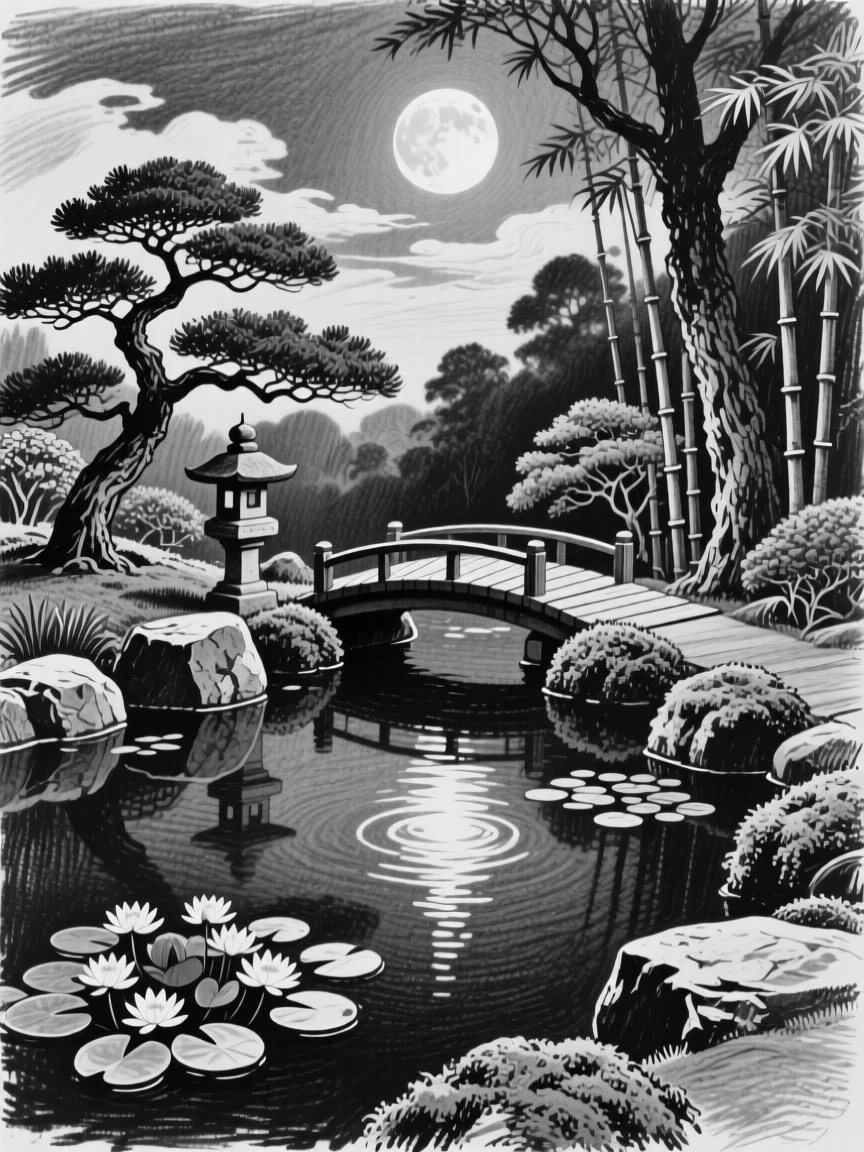 A tranquil Japanese garden pond under the soft glow of the moon.