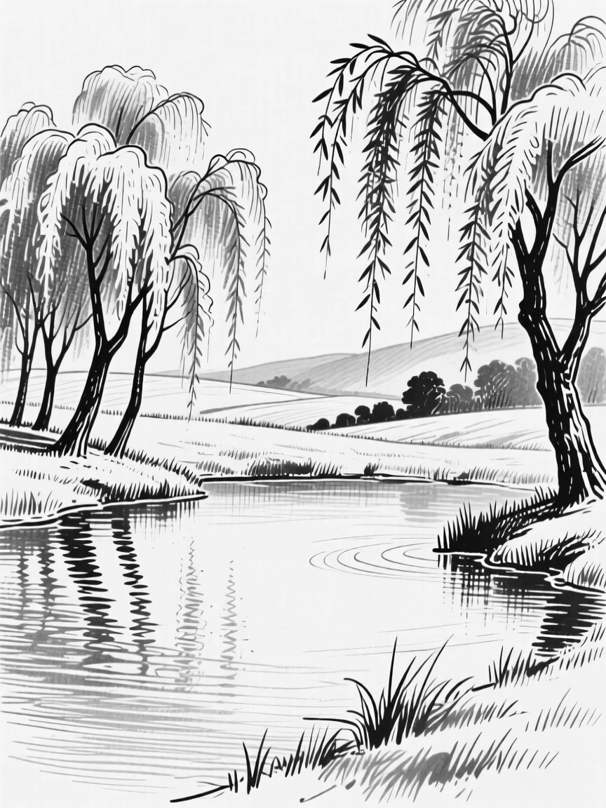 A peaceful countryside pond surrounded by weeping willow trees.