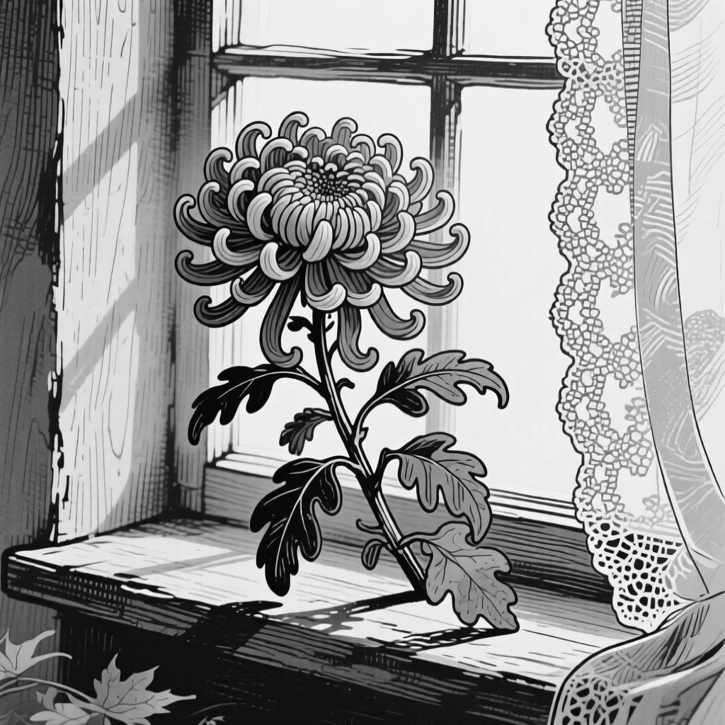 A chrysanthemum in autumn colors arranged on a windowsill in soft light, with leaves curling gently at the tips, composed in a softly nostalgic still-life arrangement.