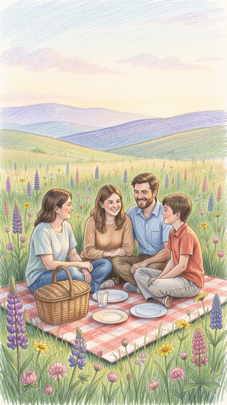A summer solstice picnic in a wildflower meadow, captured in the soft light of early evening, evoking treasured family memories and togetherness.