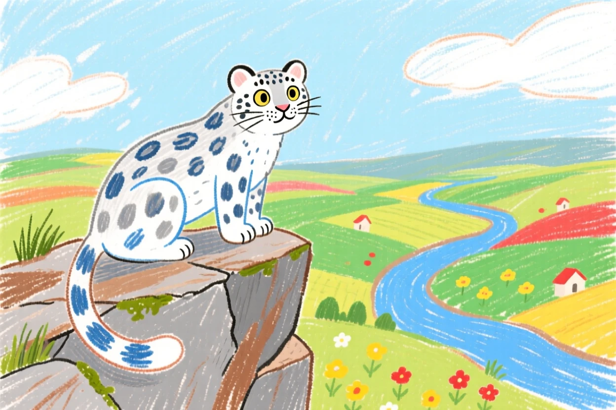 A snow leopard perched on a rocky ledge overlooking a valley.