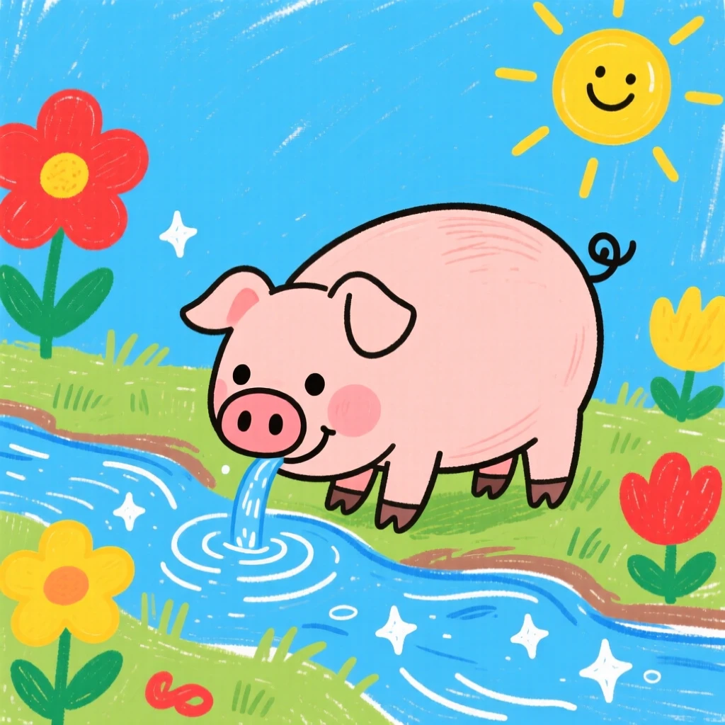 A piglet drinking from a small crystal-clear stream.