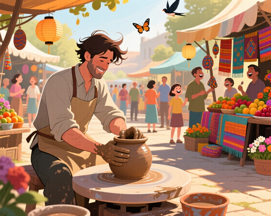 A potter shaping clay on a spinning wheel, in a lively outdoor market bustling with color, framed with warm, natural lighting highlighting genuine emotion, with small joyful details like flying hair or bright laughter.