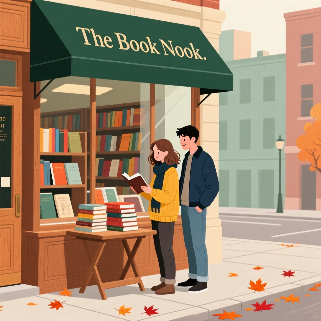 A young couple browsing a used bookstore on a quiet autumn day in the city.
