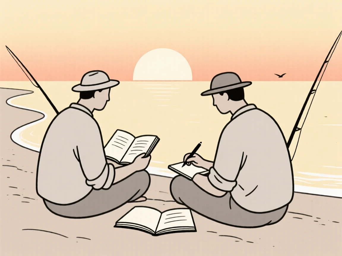 Two fisherman writing in a journal together in a beach at sunrise, sharing a moment of shared belonging.