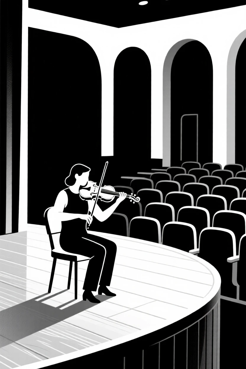 A violinist practicing alone in an empty theater.