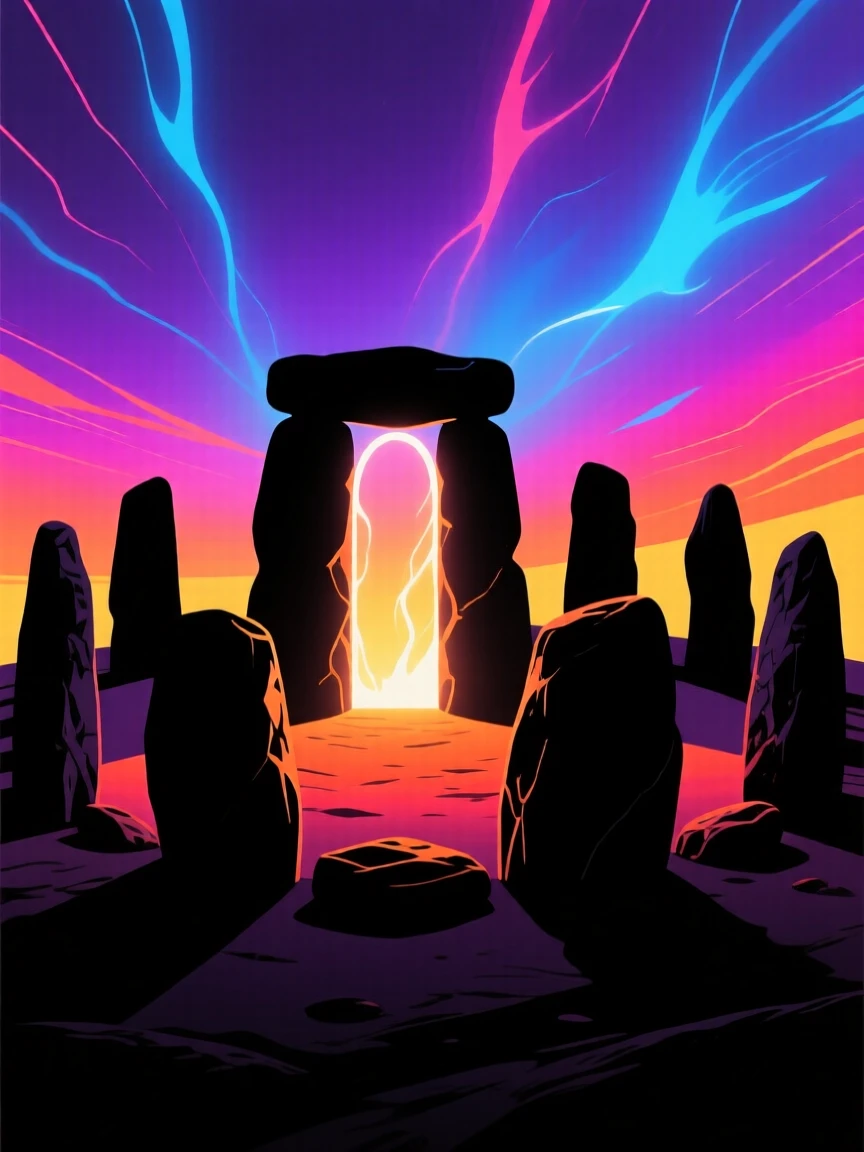 A glowing portal opening in the middle of an ancient stone circle.
