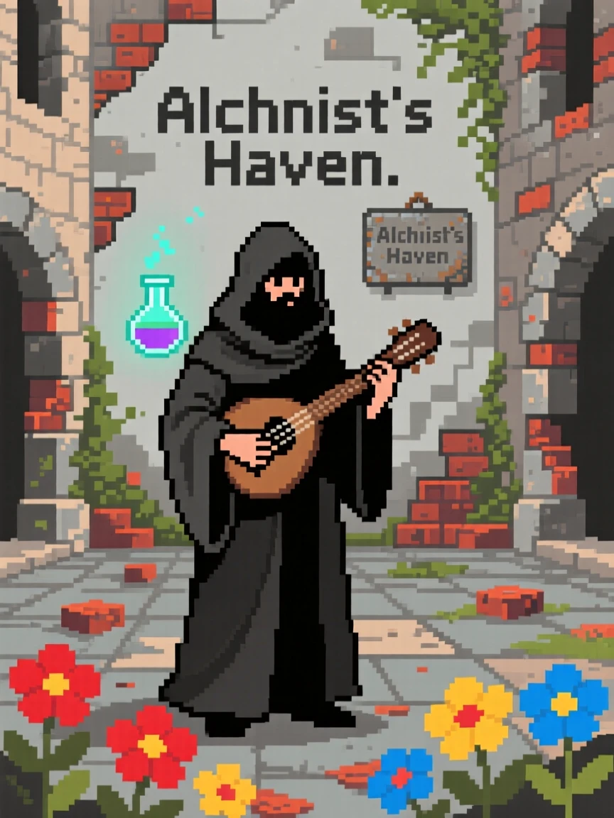 A cloaked alchemist mixing potions playing music that makes flowers bloom, inside a crumbling castle courtyard.