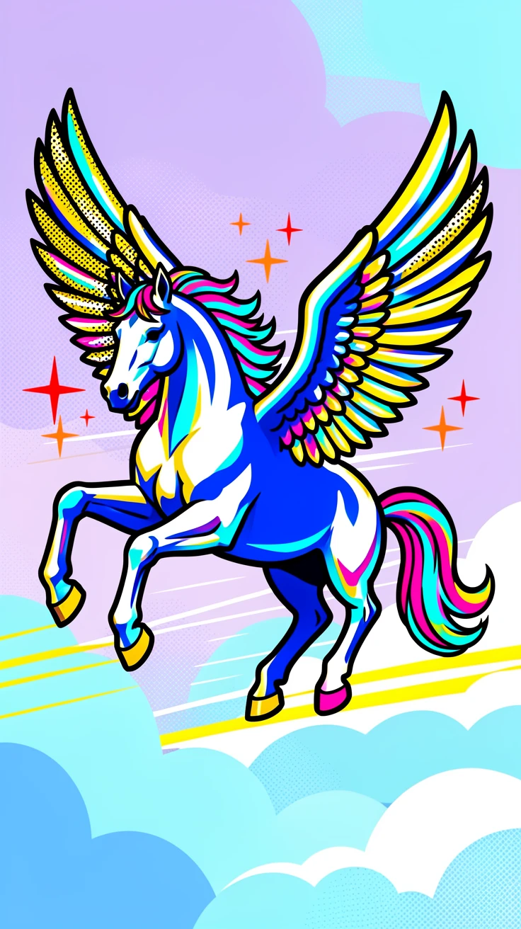 A majestic pegasus galloping across a cloud-covered sky