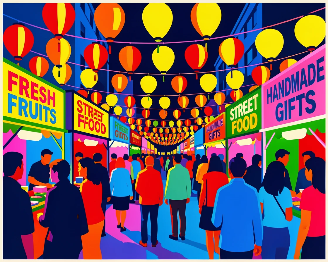Bustling night market strung with paper lanterns