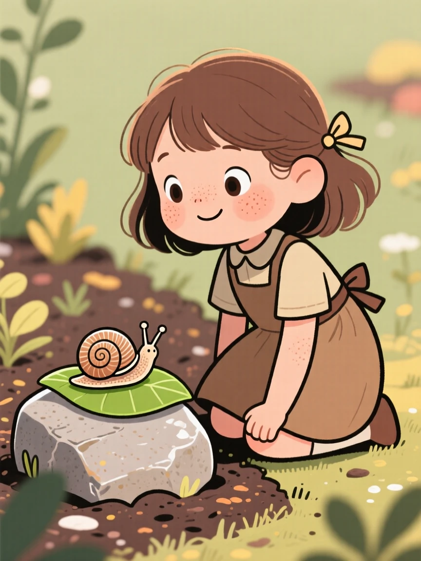 A curious young girl kneels beside a snail on a stone in the garden bed, watching intently as it slowly makes its way across a leaf.