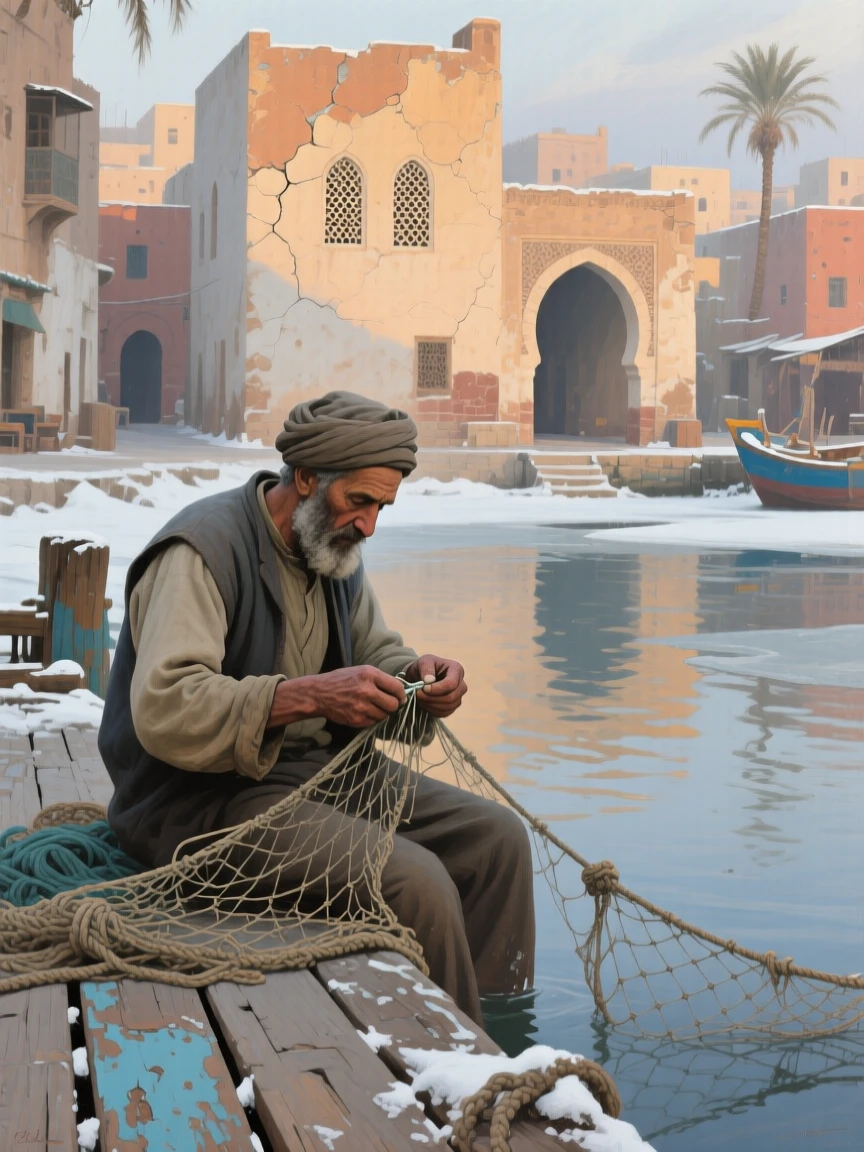 A balanced composition of an old sailor mending a fishing net on a weathered dock, in a Moroccan medina, in the quiet stillness of midwinter.