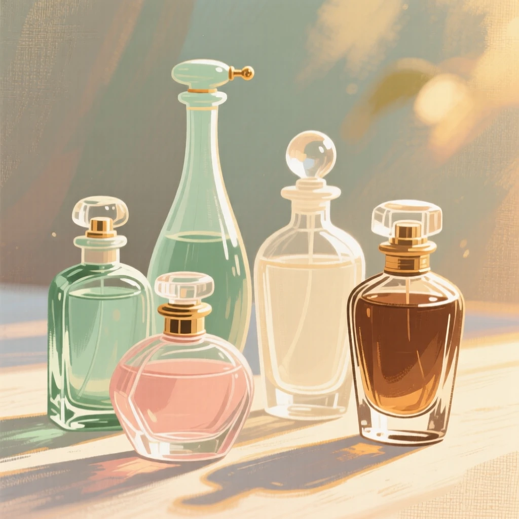 A set of antique perfume bottles catching the afternoon light