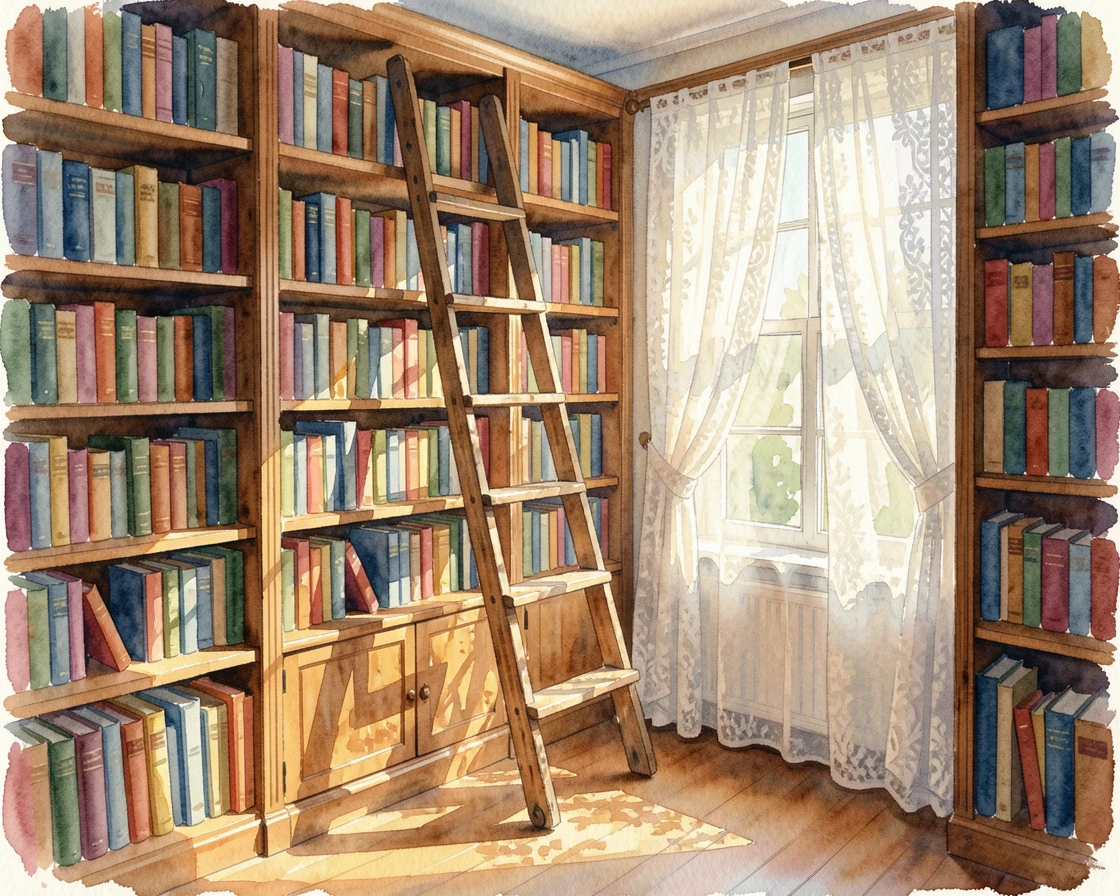 A bookshelf-lined study with a rolling ladder with soft afternoon light streaming through lace curtains.