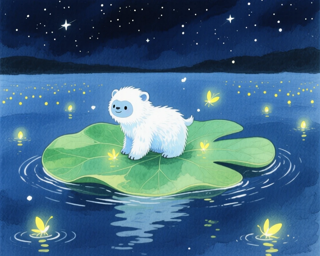 A tiny snow yeti cub rides atop a drifting lily pad in a starlit lakeshore, as tiny lights twinkle all around