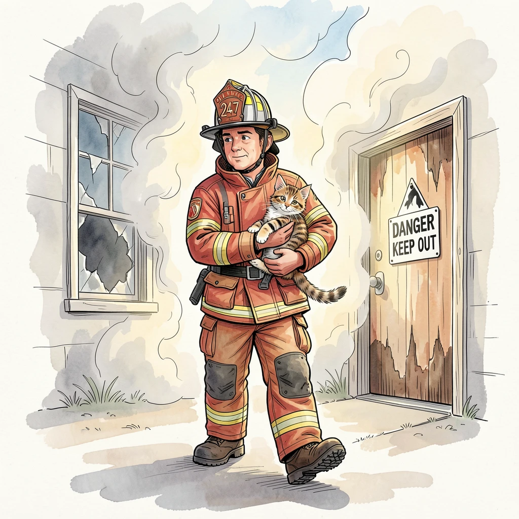 A firefighter carrying a rescued kitten from a smoky building into open daylight