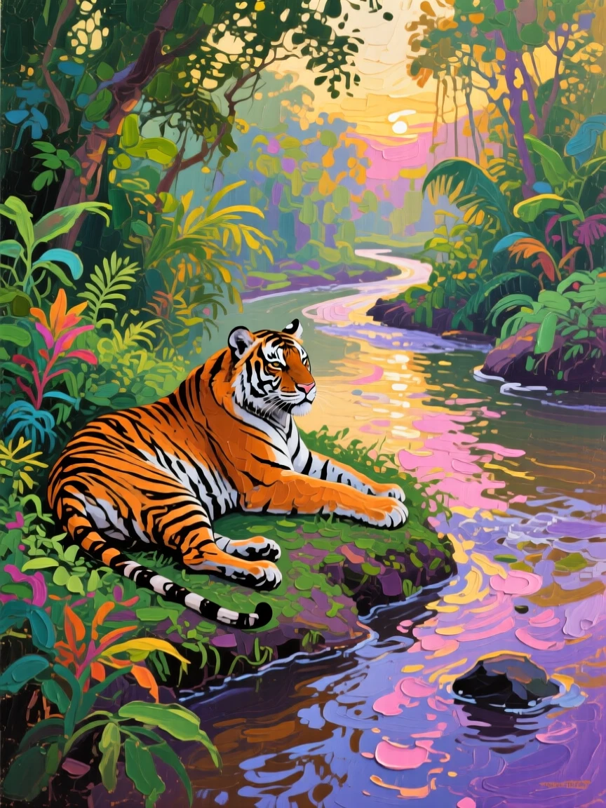 a tiger resting beside a jungle stream, at dawn, composed along a natural leading line.