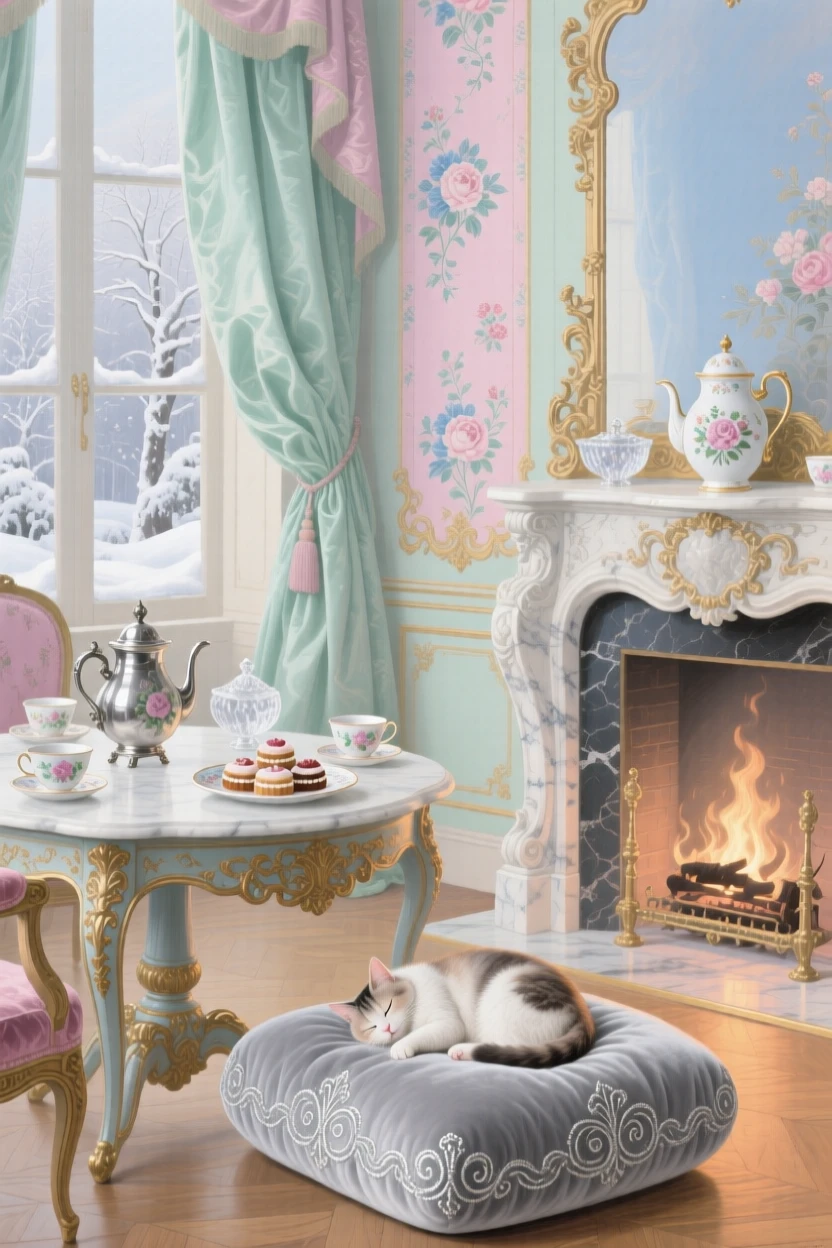 A winter tea beside a fireplace, with a sleepy cat on a velvet cushion  