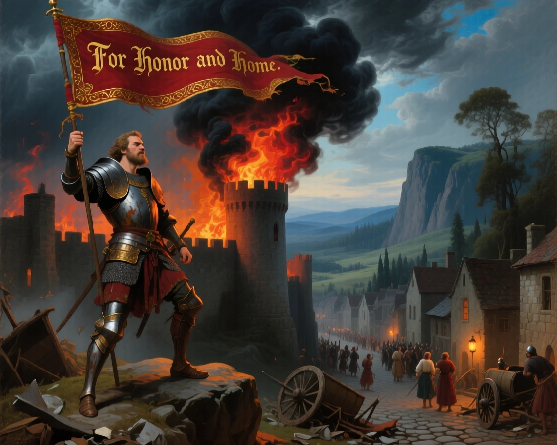 A noble warrior defends the village from a burning tower in a besieged city beneath a banner held high.