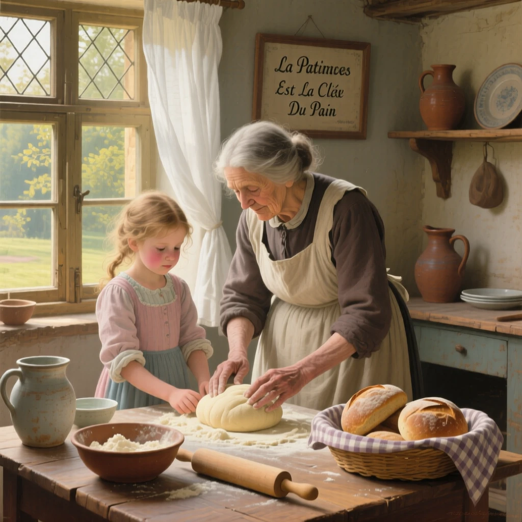 A grandmother teaching her granddaughter to bake bread in a sunlit kitchen, as a gentle breeze catches loose strands of hair, celebrating the quiet dignity found in everyday human life
