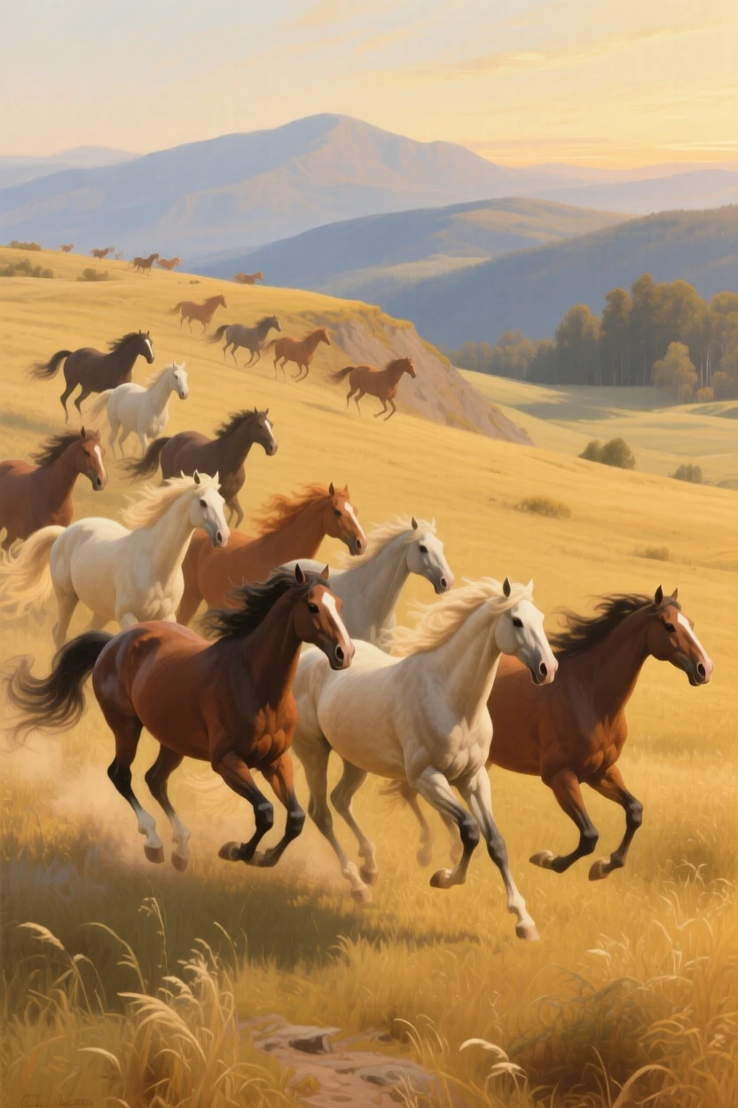 A flock of wild horses galloping freely across an open golden plain as the golden light of dawn or dusk catches every detail, set atop a windswept ridge overlooking a vast, open landscape, with distant mountains or forests fading softly into the horizon; soft depth of field isolates the animal against a dreamlike backdrop, evoking wonder, majesty, and reverence for the natural world.