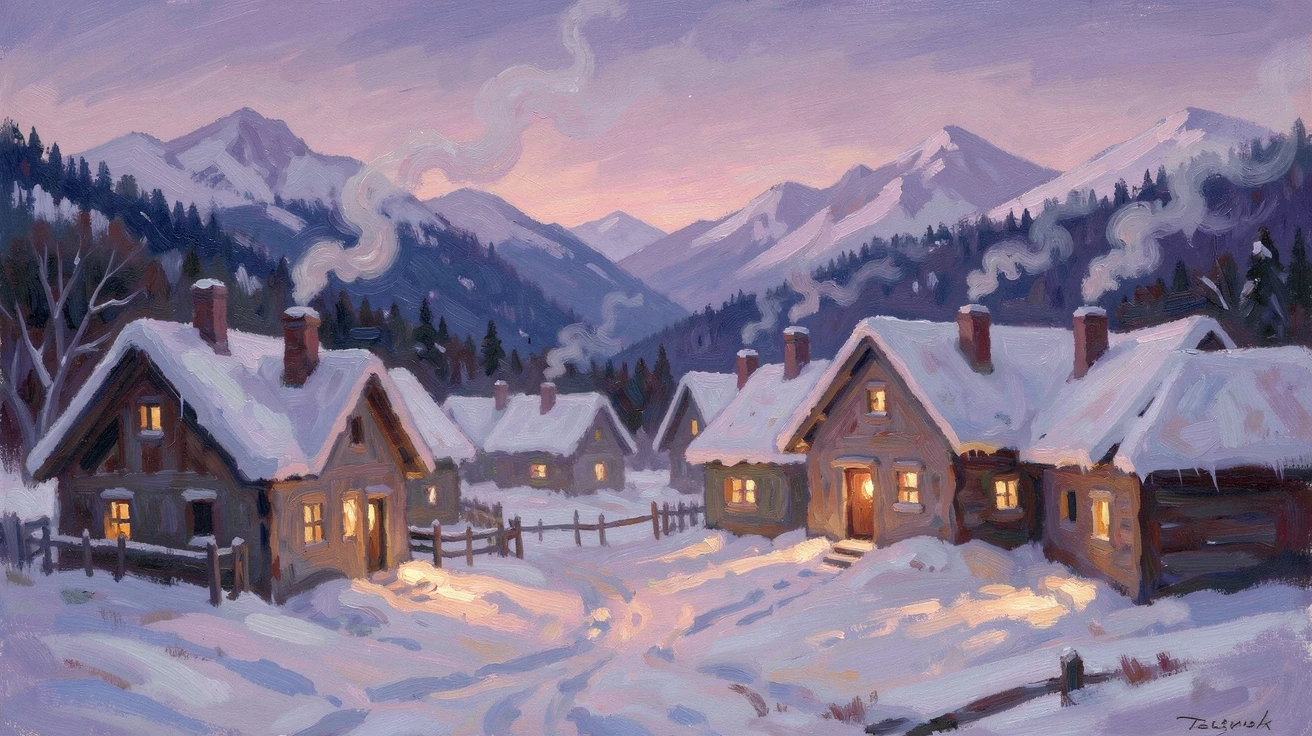 A snow-dusted mountain village at twilight, warm light glowing from cottage windows, smoke curling from chimneys into a violet sky.