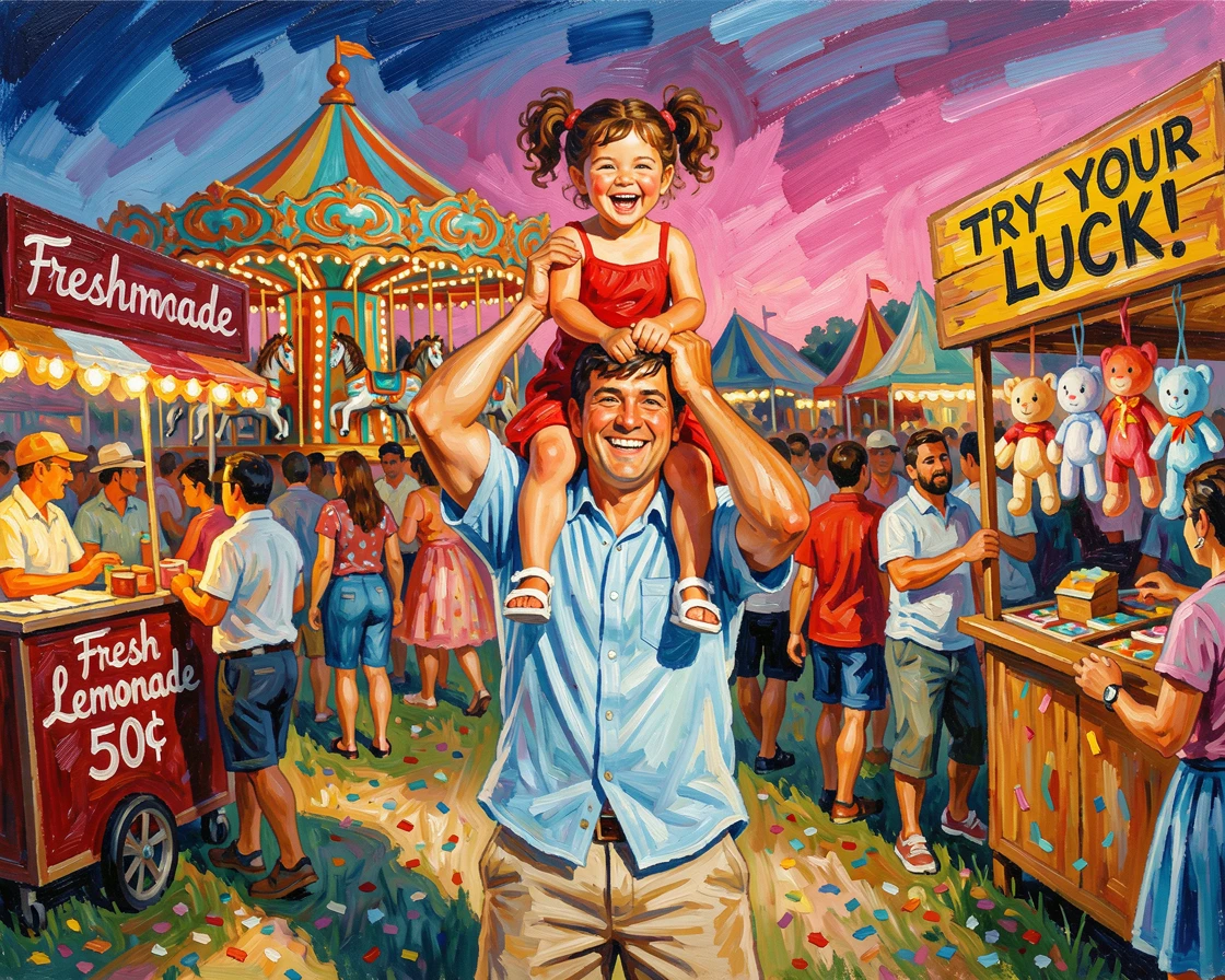 A father lifting his laughing daughter onto his shoulders at a crowded summer fair.