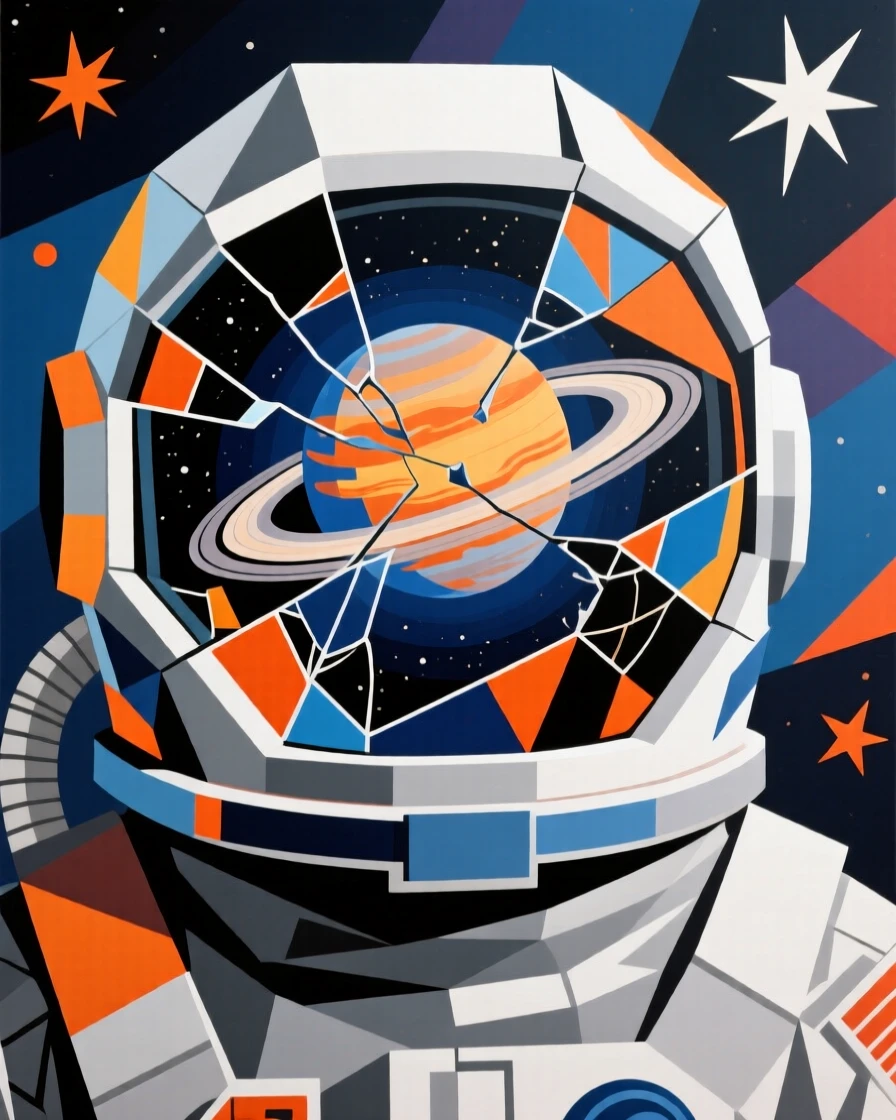 A stunning cosmic view of a swirling ringed planet reflected in the visor of an astronaut's helmet.