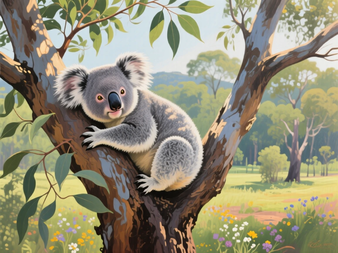A koala dozes in the fork of a eucalyptus tree in the Australian bush, sunlight filtering through silver-green leaves onto its gray fur, its expression conveying a quiet intelligence as it surveys the world around it.