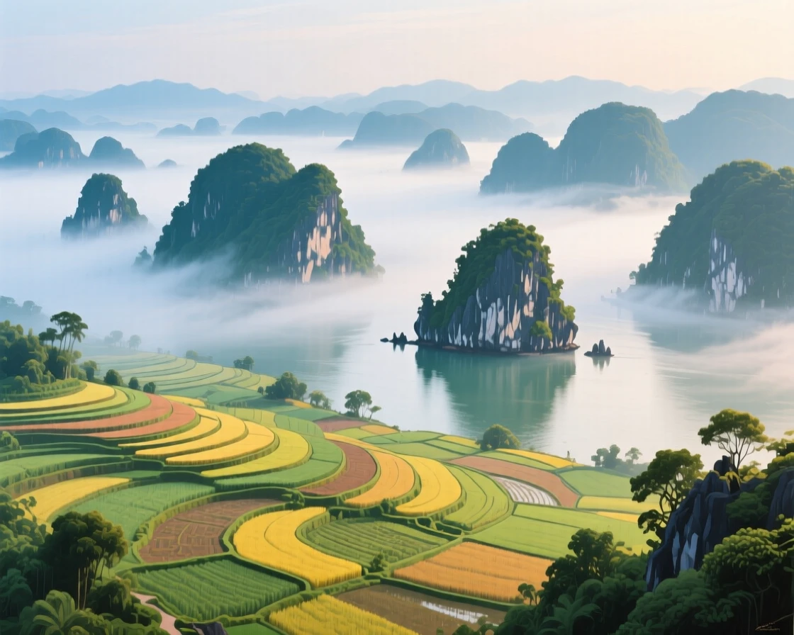 Ha Long Bay's limestone islands emerging from morning fog, wrapped in soft morning fog, terraced fields spreading out below