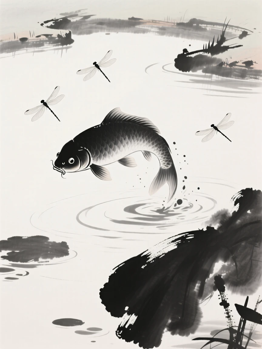 A single carp leaps above the surface of a garden pond, while dragonflies hover just above the water.