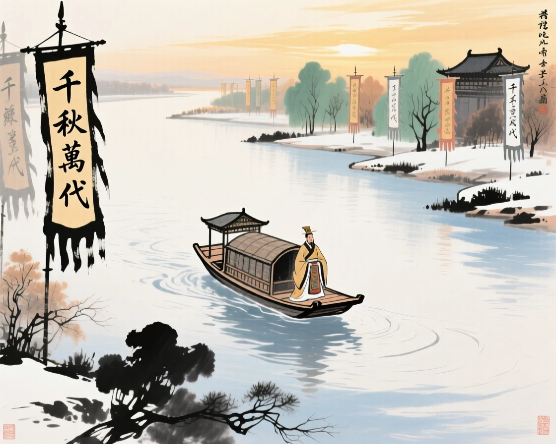An emperor's barge gliding slowly down a wide river flanked by banners, in the mild days of early winter, in the soft light of late afternoon.