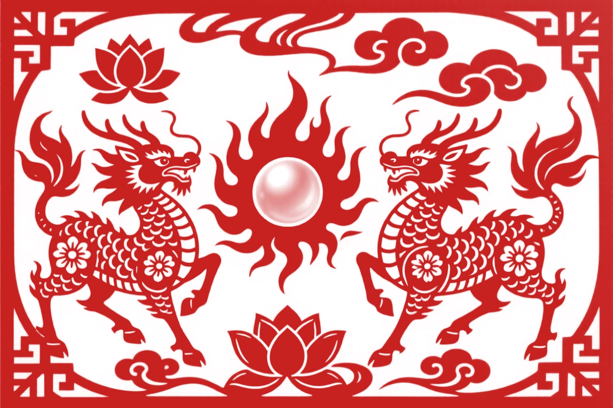 A symmetrical panel of paired qilin flanking a central flaming pearl motif