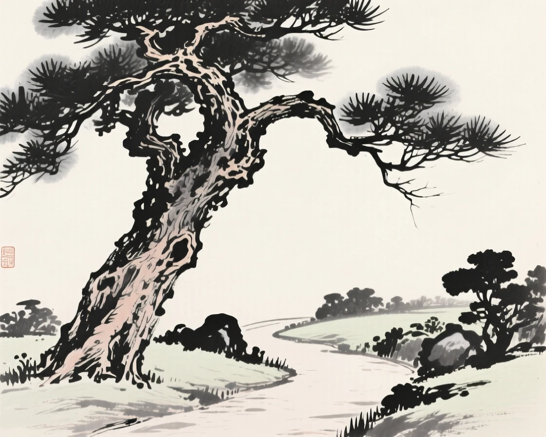 An ancient gnarled pine tree beside a quiet garden path, rendered in close, intimate detail, suggesting patience, resilience, and quiet strength.