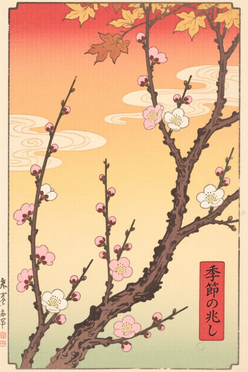 Bare plum branches budding with new blossoms under a wide open autumn sky.