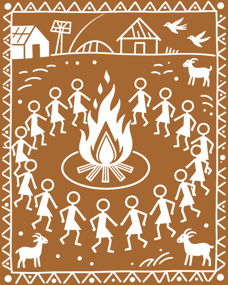A coming-of-age ritual celebrated with dancers forming rows around a bonfire.