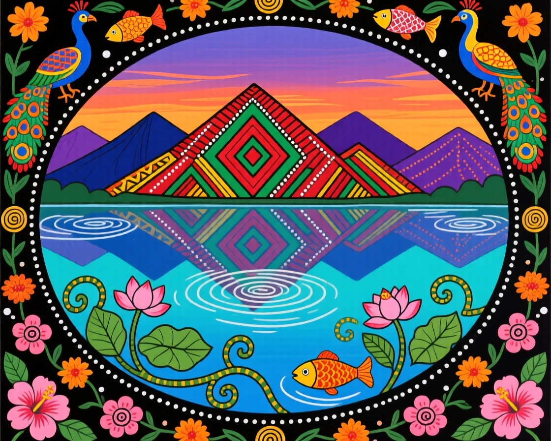 A wide lake reflecting a ring of distant mountains at dusk.