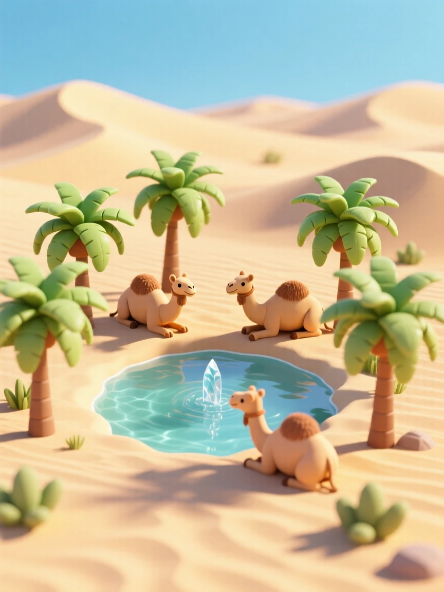 A desert oasis with palm trees ringing a clear spring, camels resting in the shade, and sand dunes rippling into the distance under a warm sky.