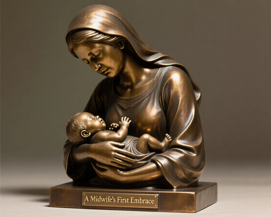 A midwife cradling a newborn for the first time, framed by soft, dramatic shadows, forming a strong central focal point